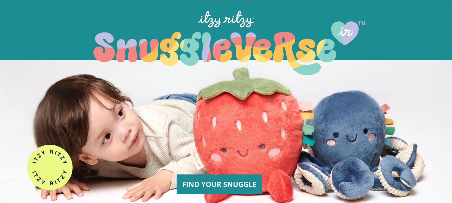 Child with plush toys and 'itzzy ritzy' branding on a white background