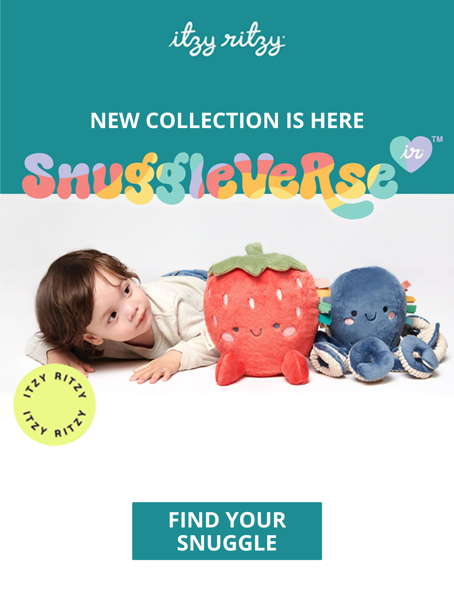 Child with plush toys and 'itzy ritzy' branding on a promotional poster for 'Snugglaverse'.
